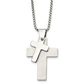 Chisel Stainless Steel Brushed and Polished Double Cross Pendant on a 24 inch Box Chain Necklace
